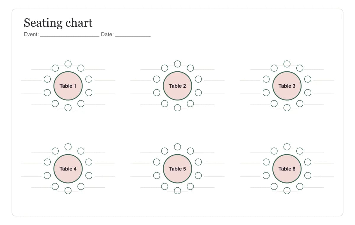 Blank printable seating chart template with six round tables of ten seats and lines for guest names