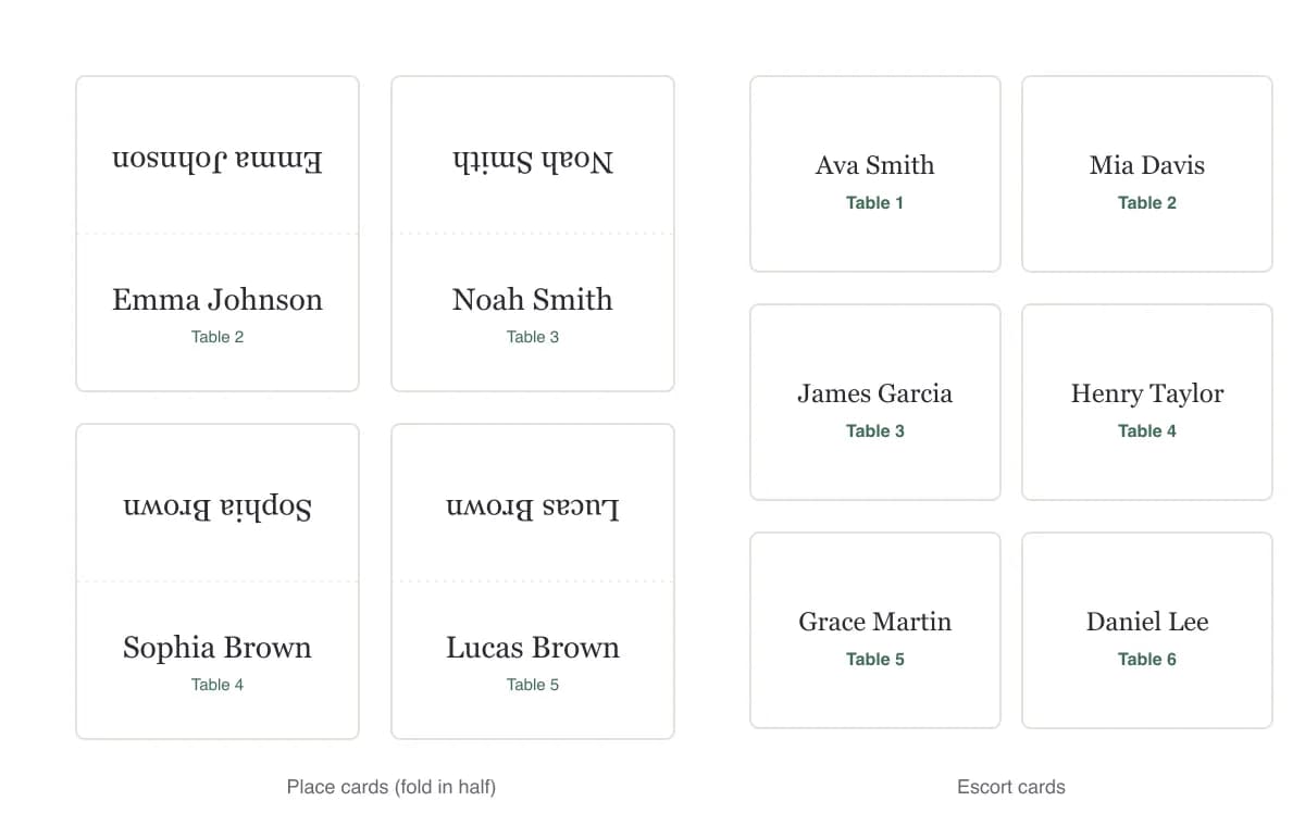 Printable wedding place cards and escort cards generated from the guest list, showing guest names and table numbers