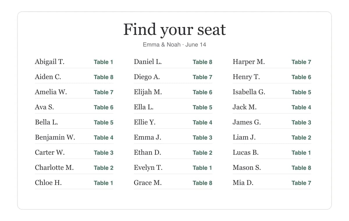Printable wedding seating chart template with an alphabetical find-your-seat list and table numbers